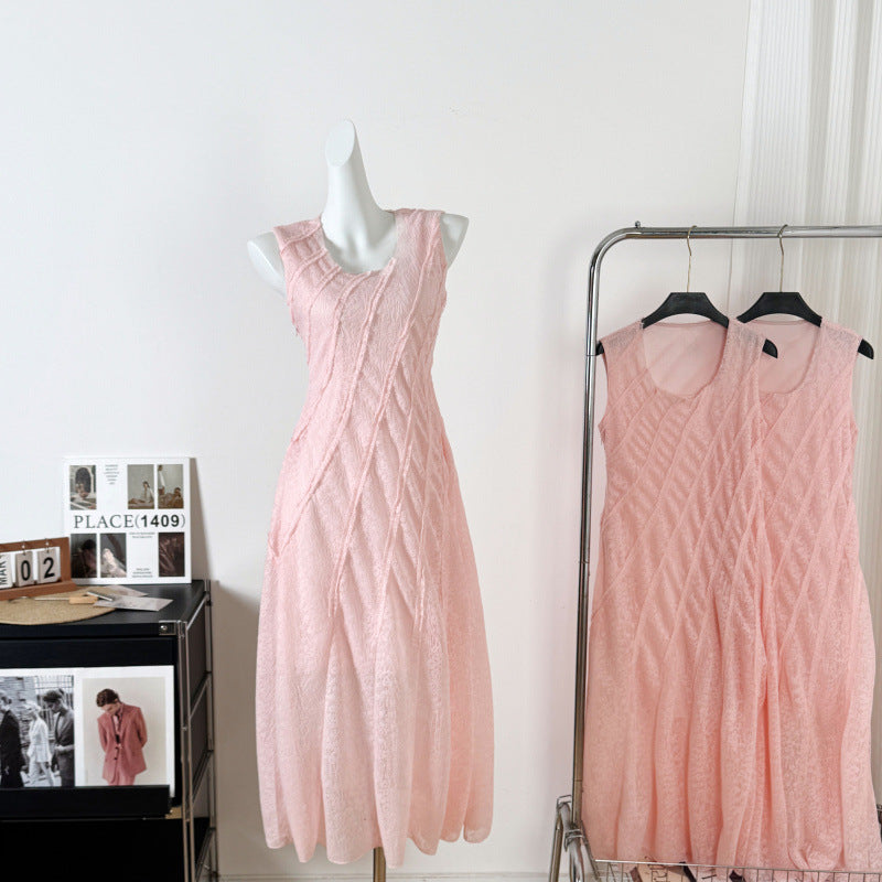 2025 Sakura fall spring and summer new light pink lace print multi-cut long dress women