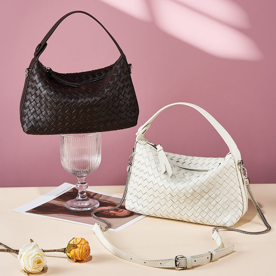 2025 Leather woven women's bag popular spring and summer new fashion sheepskin messenger bag niche design woven dumpling bag portable
