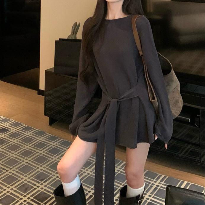 2025 Spot gray lazy style long-sleeved knitted top loose and thin striped wide-leg pants casual pants set