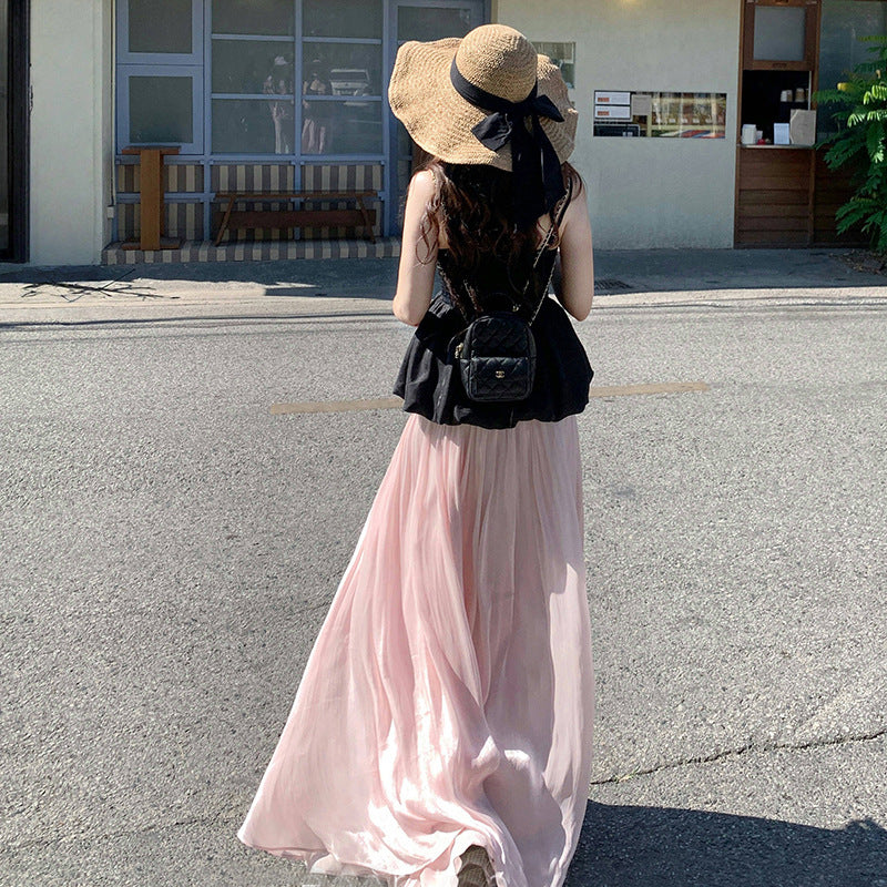 one-word shoulder small vest, bud top, sparkling elastic waist skirt, elegant and drape long skirt 2025