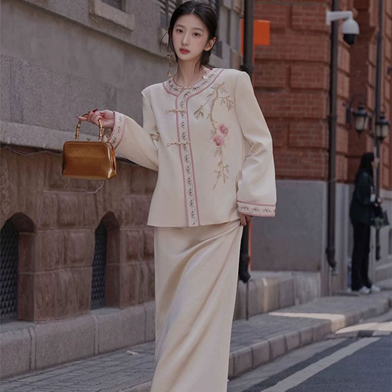 New Chinese style exquisite buckle heavy industry embroidery design sense acetic acid straight skirt jacket set female N1010
