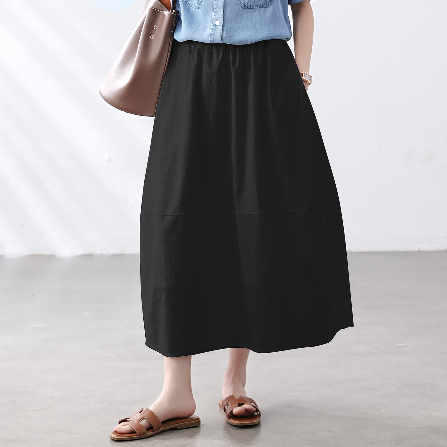 Cotton cocoon, Korean version of Hepburn style high waist and thin A-shaped umbrella skirt, summer drape solid color bud half-length skirt women