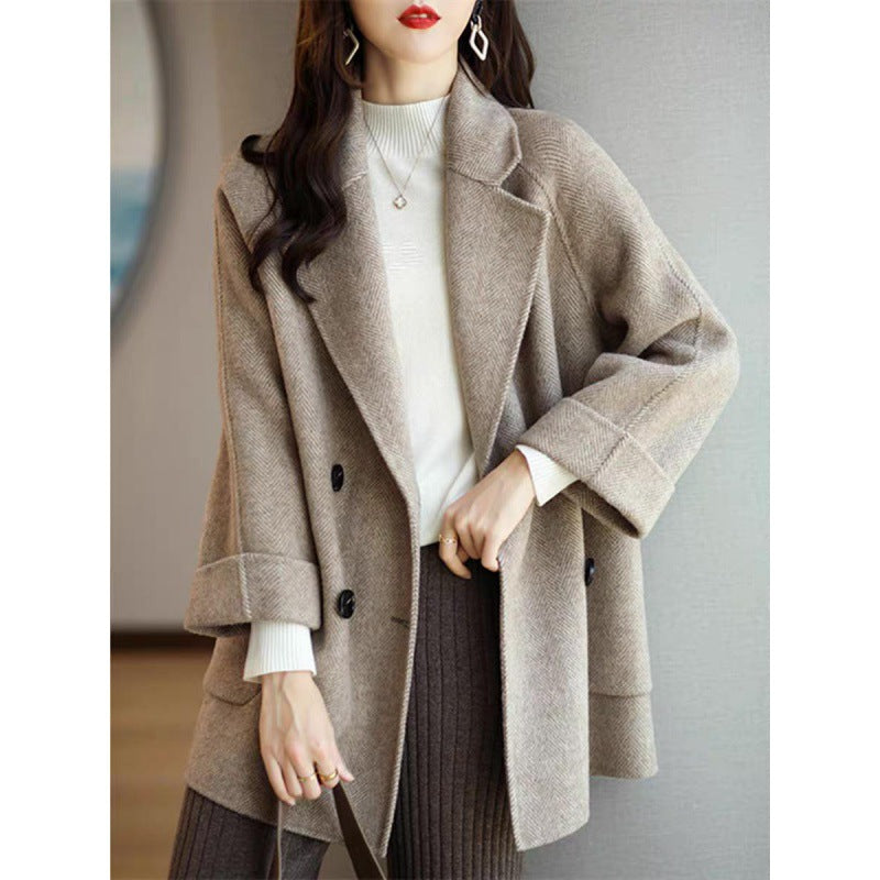 High-end handmade herringbone woolen coat for women 2025 autumn and winter medium-length small wool double-sided woolen coat loose