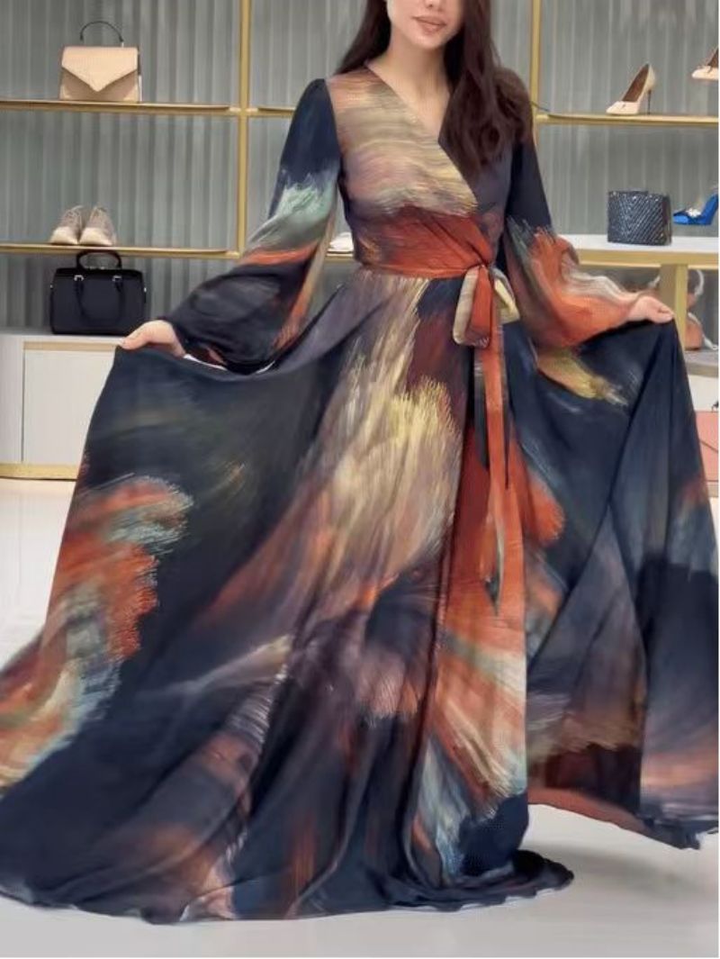 2025 spring and summer New Popular trade Middle East women's clothing independent station ebay sexy printing pendulum V-neck long-sleeved dress