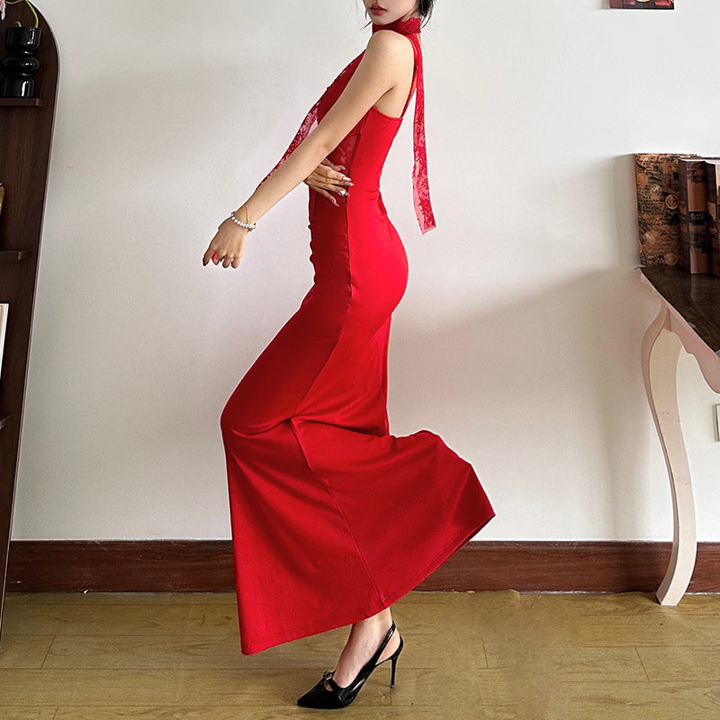 2025 style 2025 spring new women's clothing lace hollow sexy pure desire neck sling long dress dress