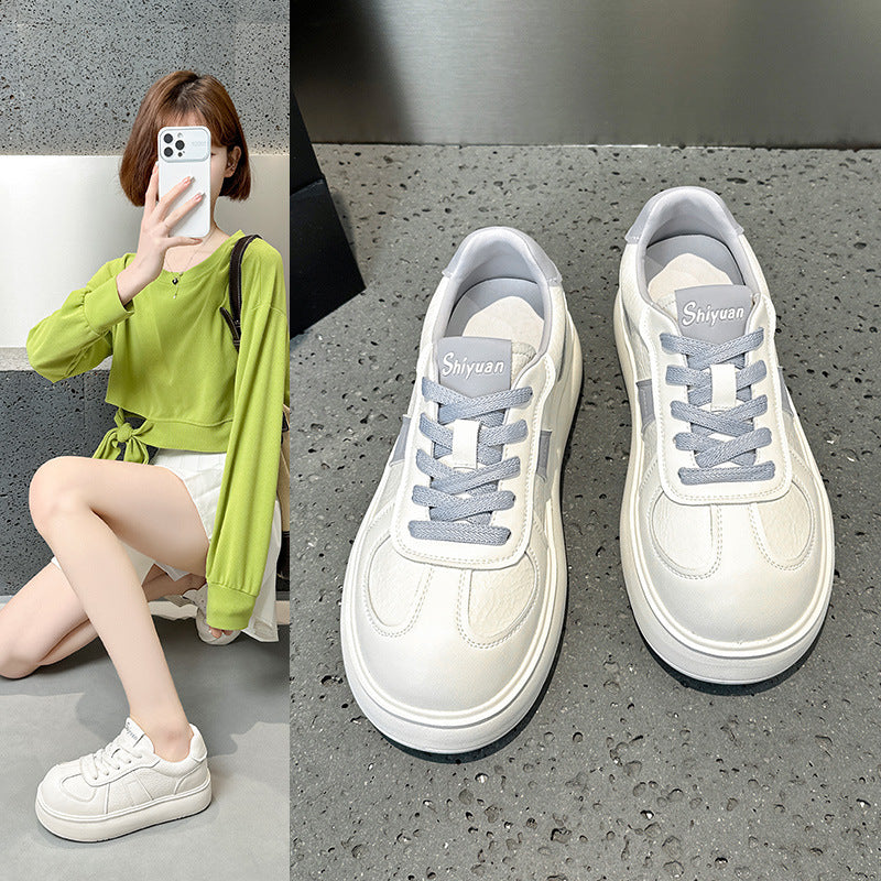 2025 Leather little white shoes women's spring fashion versatile thick-soled heightening soft bread shoes lace-up casual sports shoes tide