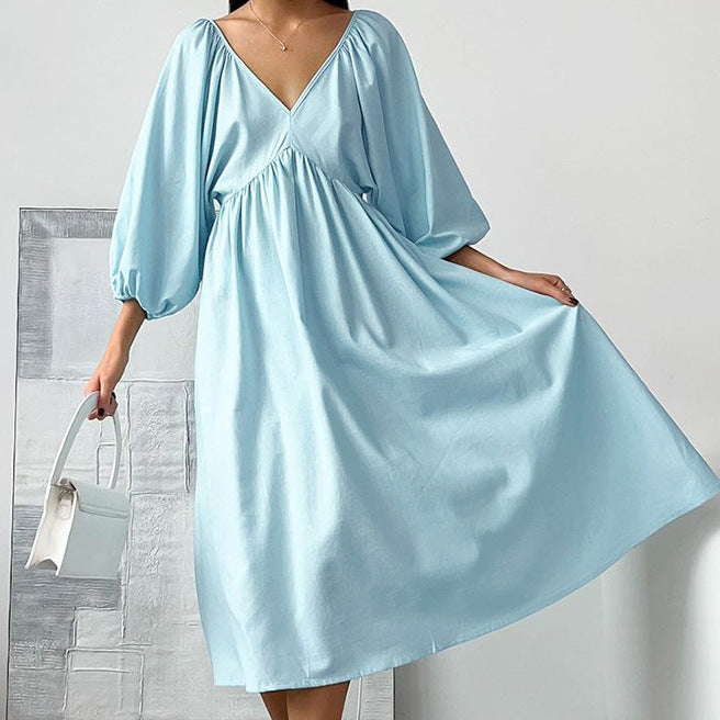 2025 Sky blue cotton and linen V-neck hollow lace-up pullover dress popular spring fashion new New women's clothing