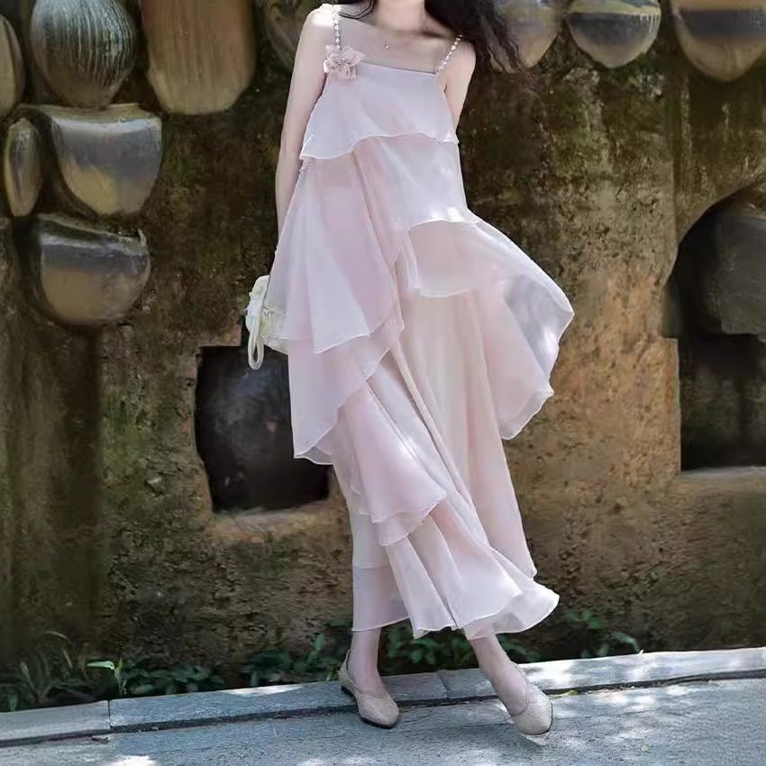 2025 Summer new Chinese retro romantic pink suspender fairy style design irregular top skirt two-piece set