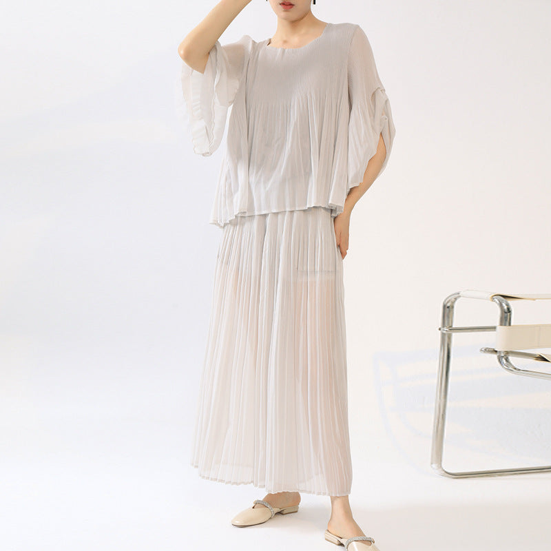 2025 niche non-collision suit hot-selling chiffon shirt thin mesh T-shirt top versatile trouser skirt two-piece set summer