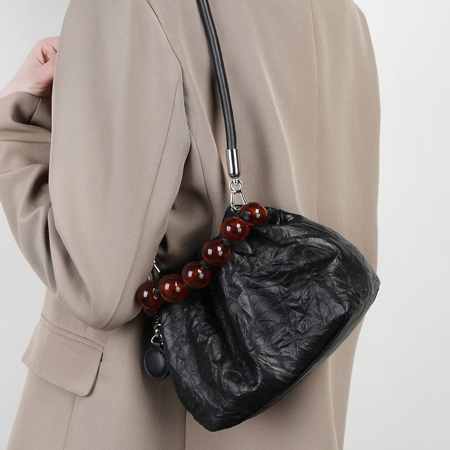 2025 First layer leather women's bag beaded handbag bag popular new new Chinese bead bag characteristic hand-scratched lunch box bag