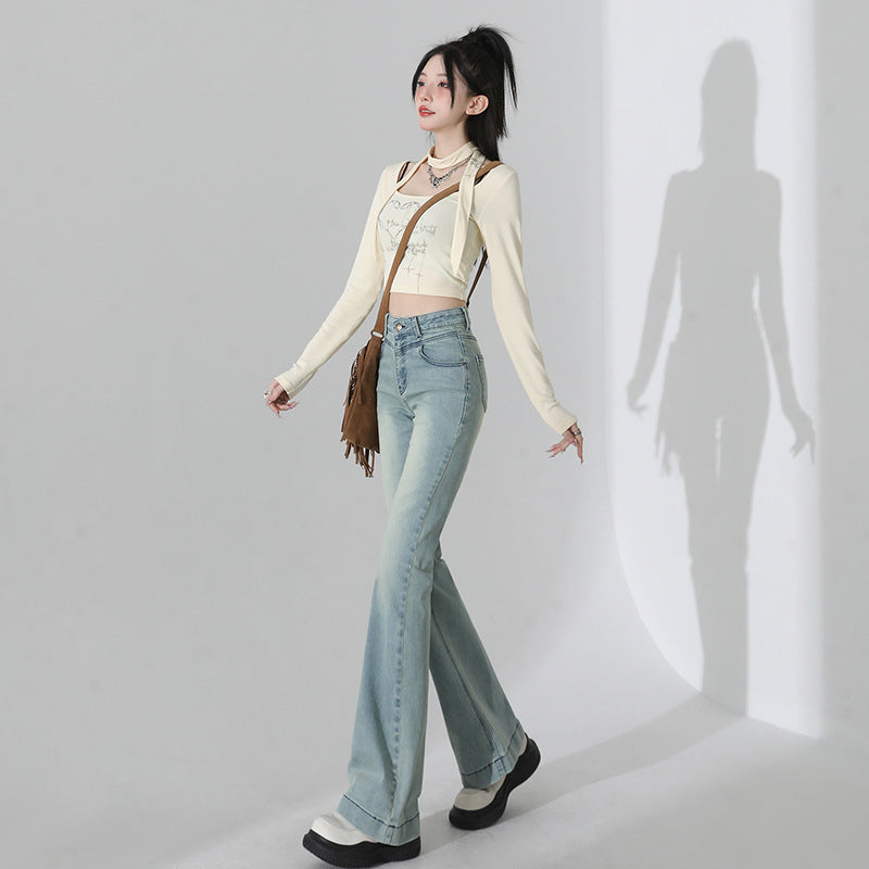 2025 Light blue micro-flared jeans women's spring popular new high-waisted and thin design Spice girl flared pants