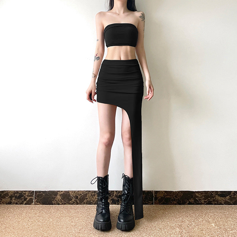 2025 style popular summer new women's clothing Spice Girl tight and thin irregular edge hip-wrapped pleated skirt