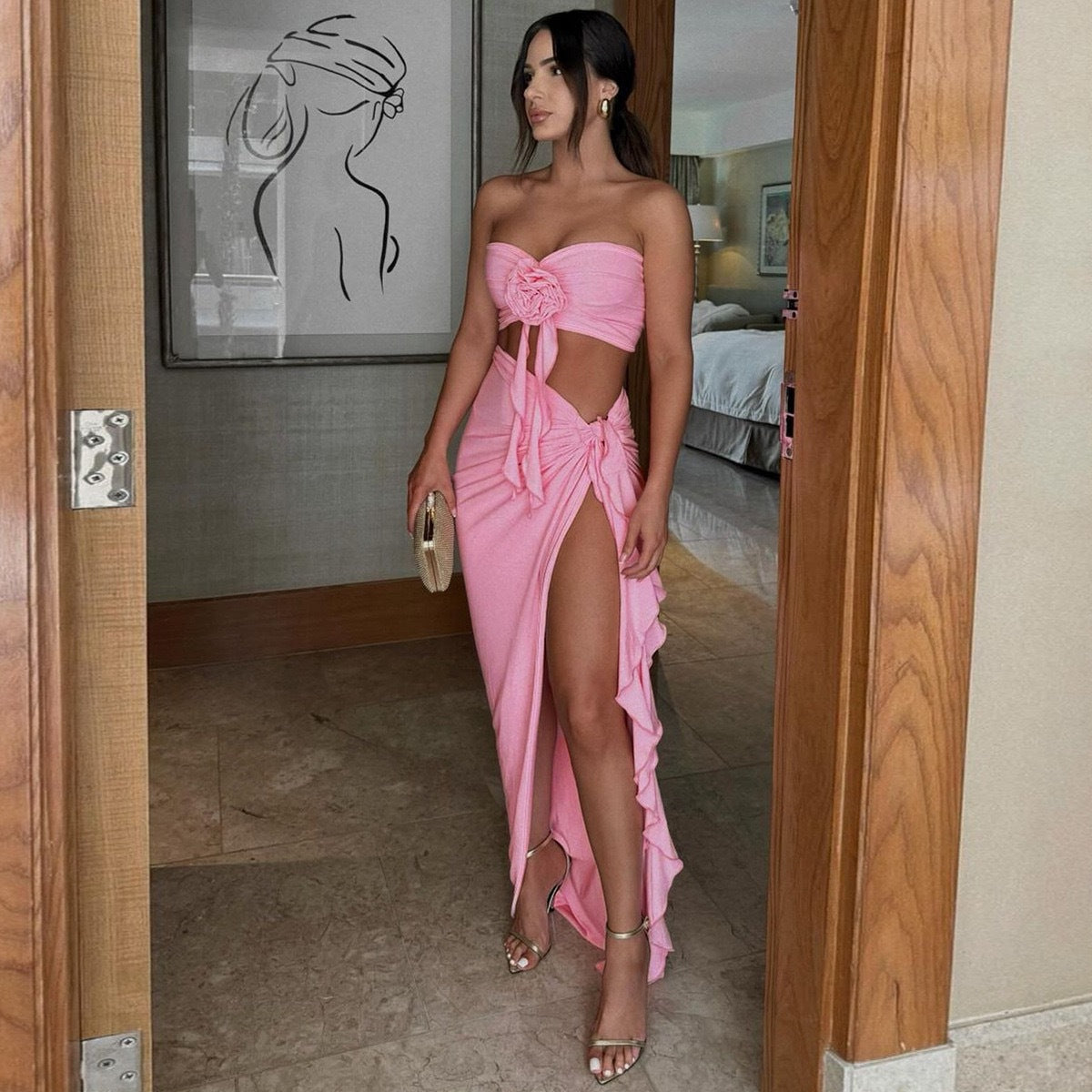 BENPAOLV 2025 popular summer new style New fashion sexy chest wrap irregular skirt two-piece suit women
