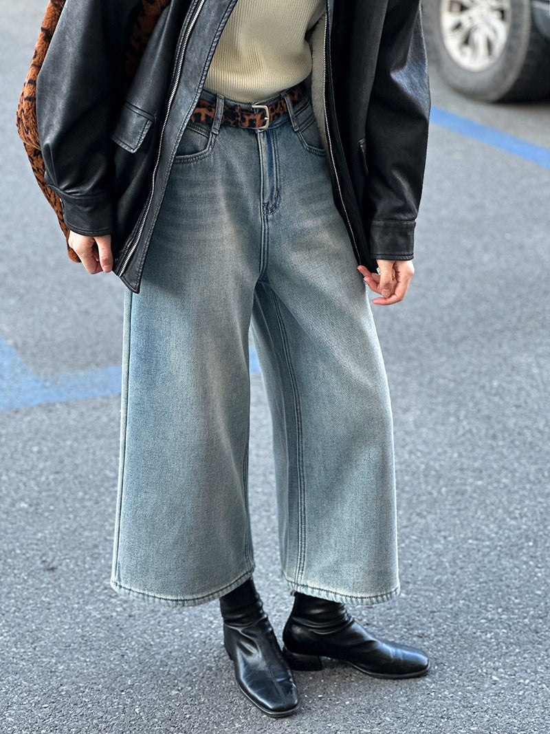 2025 popular autumn and winter new Korean retro high waist and thin loose versatile straight eight-point pants 6377