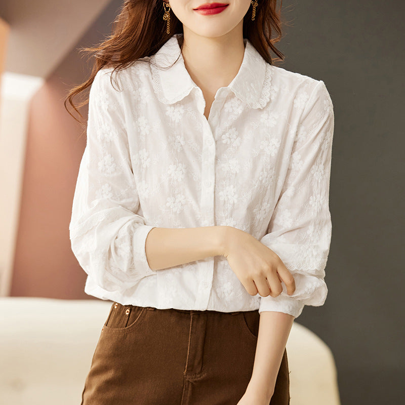 direct sales embroidered white shirt women's long sleeves spring clothes new sweet temperament backing shirt top