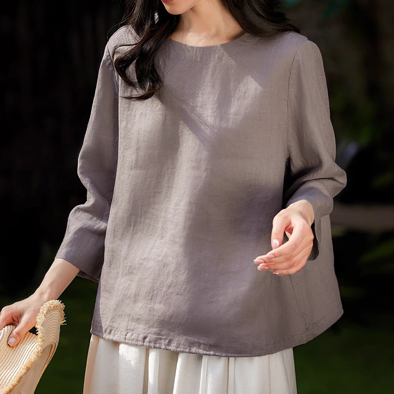 2025 Breathable 100% linen shirt, top Casual crew neck T-shirt shirt long sleeve shirt spring and autumn new women's clothing