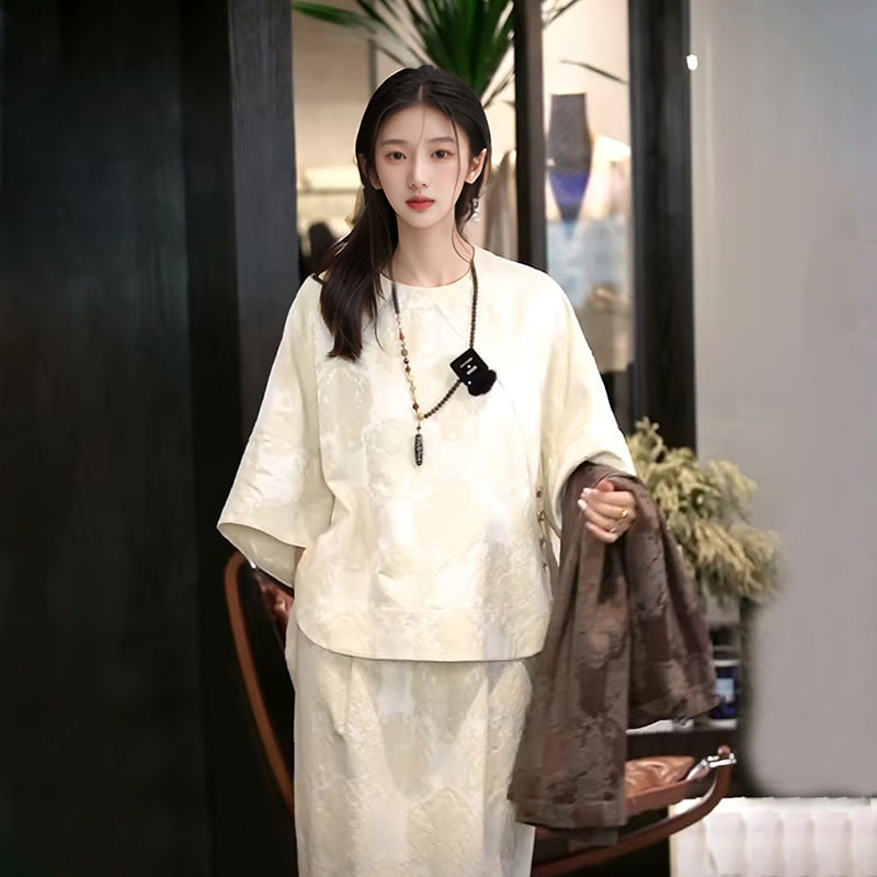 2025 early spring new Chinese style texture fashion design loose silk top skirt suit women N3016