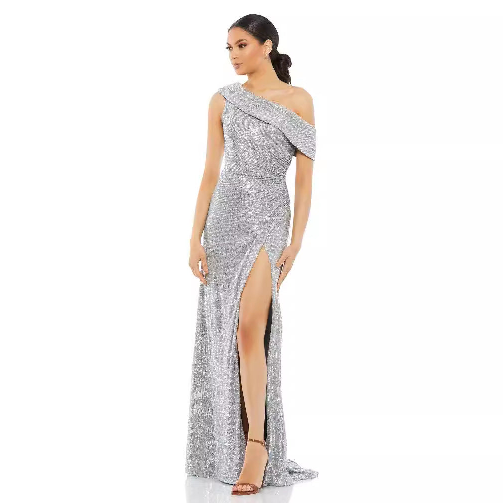 2025 popular hot-selling summer fashion sequins temperament diagonal collar high split celebrity dress dress (4 colors)