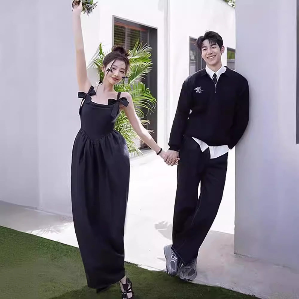 2025 New studio photo theme clothing simple bow small fresh black indoor suspender wedding dress