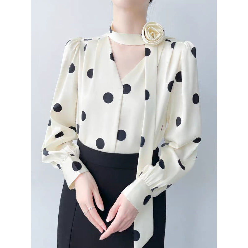 Satin shirt women's autumn 2025 new high-end long-sleeved polka dot top design commuter women's clothing