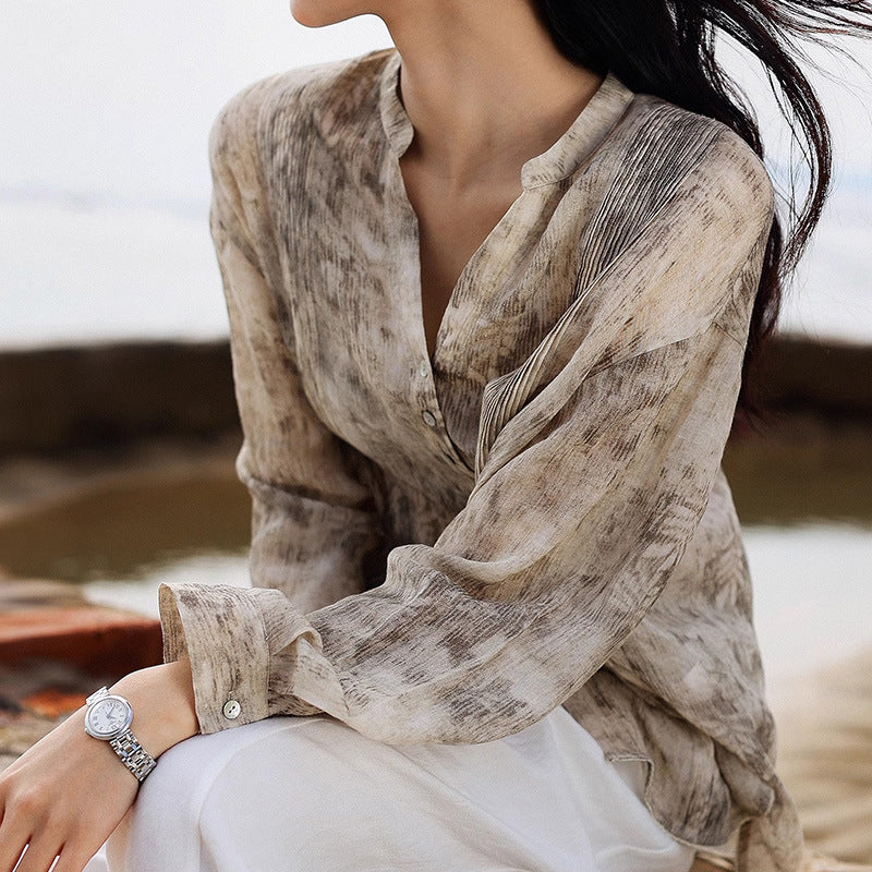 2025 High-end ramie lyocell fiber shirt, light and elegant printed V-neck ink shirt top, spring women's clothing