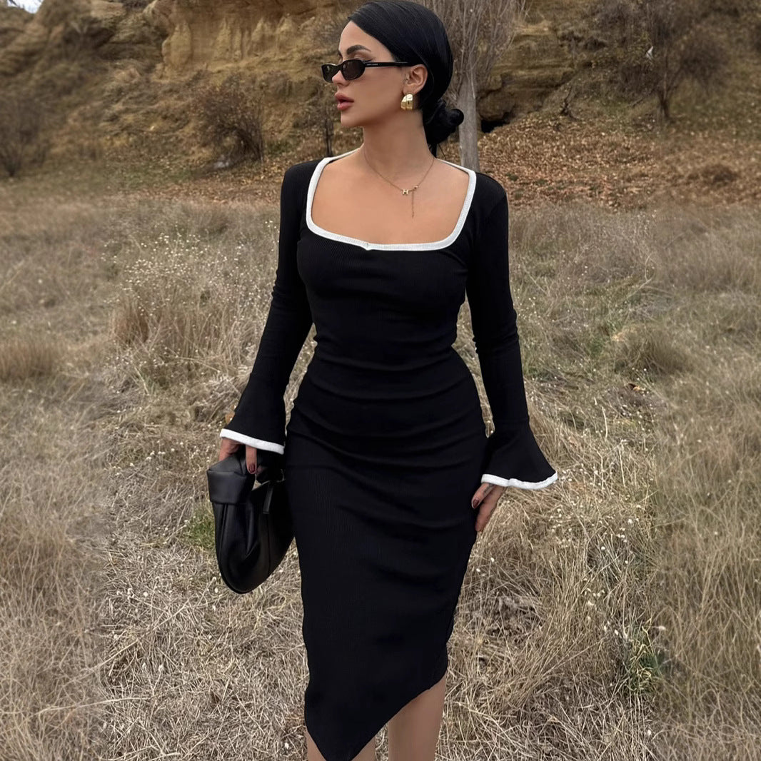 BENPAOLV 2025 popular winter style New women's clothing new fashion square collar contrasting color horn sleeve temperament hip-wrapped dress women