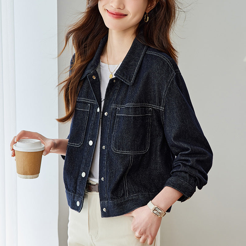 direct sales denim short jacket women's long sleeves spring and autumn clothing new small man stacked wear front shoulder lapel top
