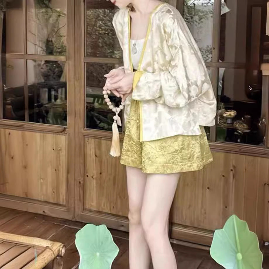 2025 Spot popular new Chinese style yellow button jacket top shorts two-piece set light mature style autumn women's clothing