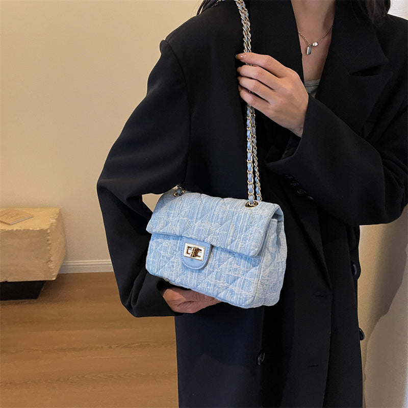 BENPAOLV 2025 fashion classic embroidery thread rhombus denim bag new simple Popular style chain single shoulder oblique span bag