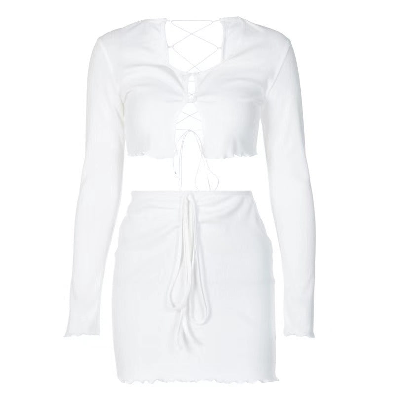 BENPAOLV 2025 spring and summer new New women's clothing long-sleeved cross-strap off-the-button fungus edge T-shirt short skirt set