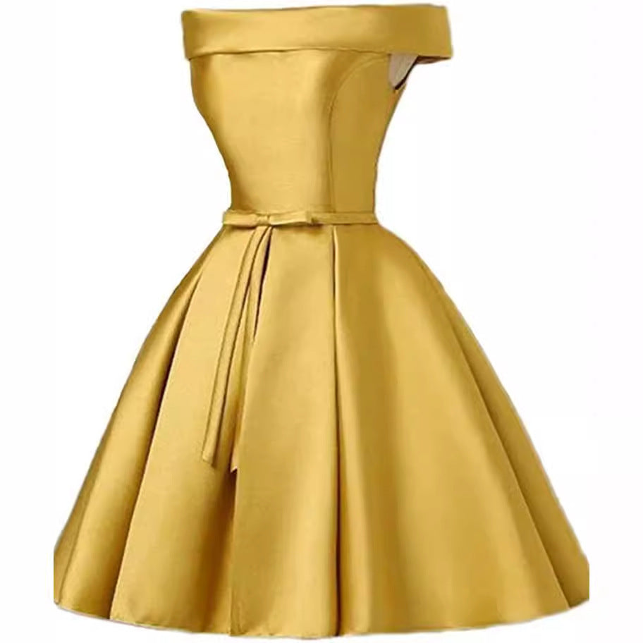 2025Hot trade dress new one-word shoulder Korean version of fashion host graduation dress annual performance dress