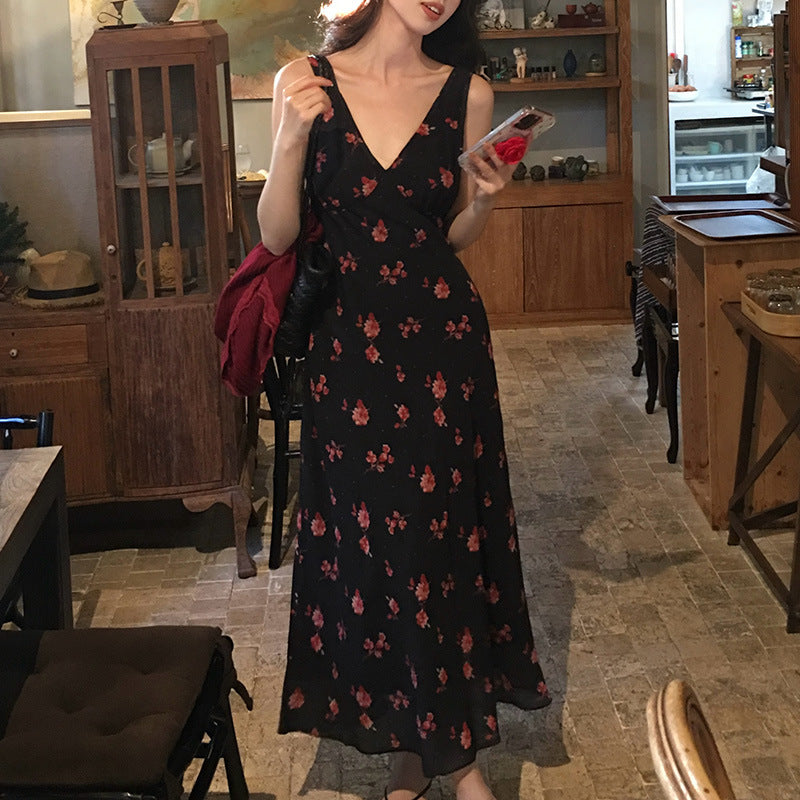 2025 spring and summer new retro temperament high waist suspender dress vacation printed dress children 88190