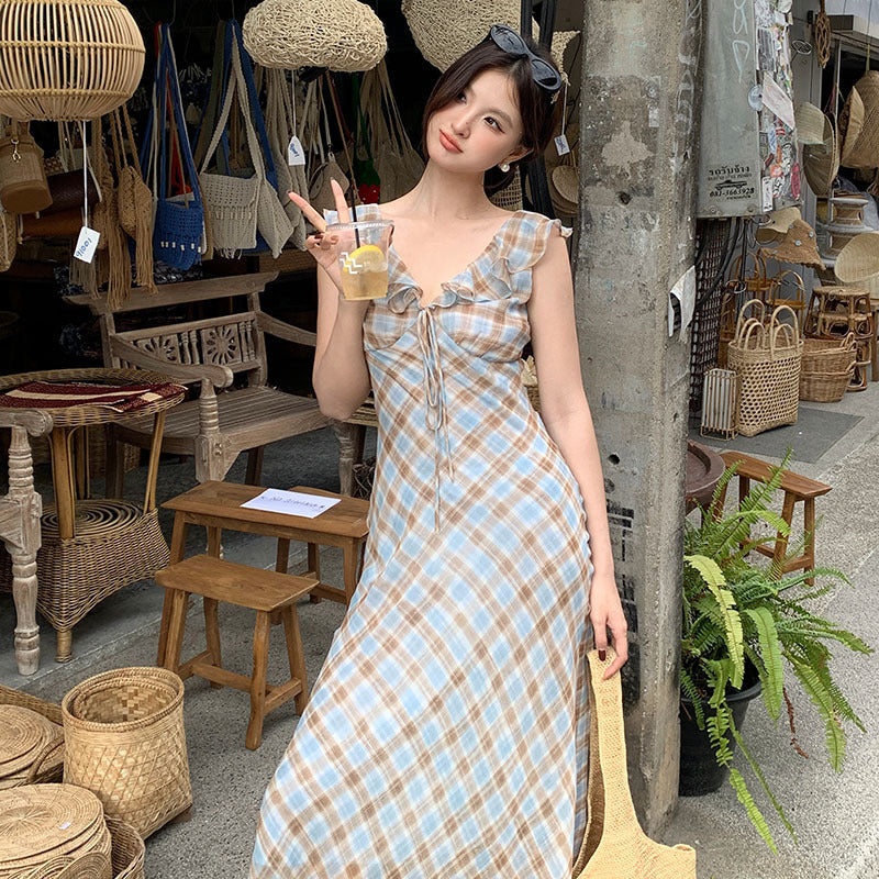 2025 Spring New Temperament Plaid Retro High Waist Dress Skinny Long Dress Women 88199