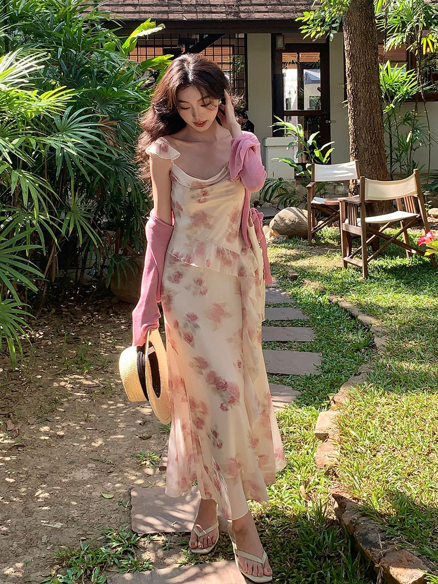 2025 spring and summer new Korean version high waist suspender dress printed pure desire vacation skirt women 88195