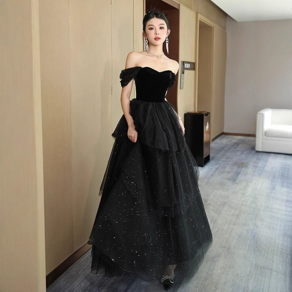 2025 Black evening dress skirt women's high-end one-word shoulder banquet temperament light luxury niche advanced sense host vocal art test