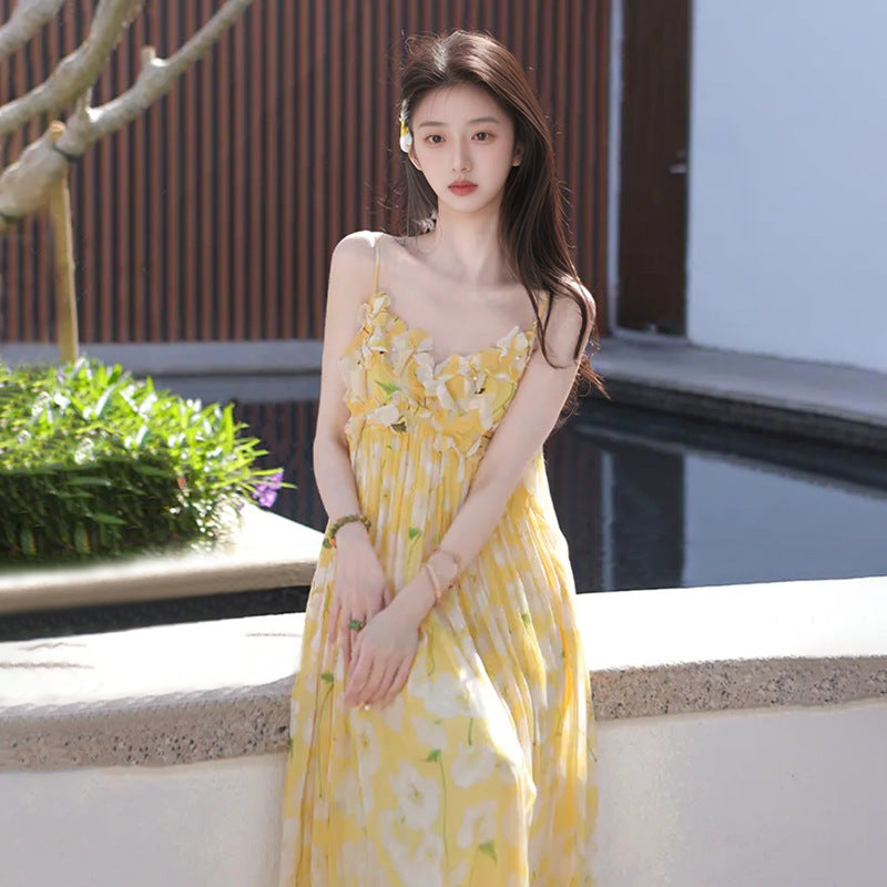 2025 summer new small fresh sexy long dress women's high-end slim and thin printed suspender skirt N3054