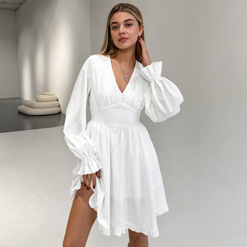 2025 V-neck ruffle edge commuter high-waisted dress popular spring new fashion New wholesale skirt
