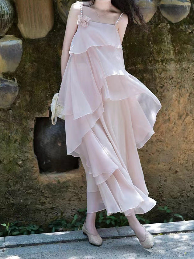 2025 Summer new Chinese retro romantic pink suspender fairy style design irregular top skirt two-piece set