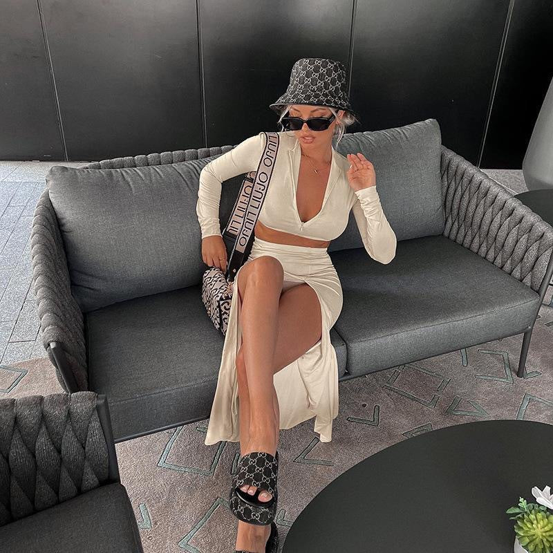 BENPAOLV 2025 Popular trade women's clothing style sexy two-piece set women's long-sleeved zipper exposed navel high split skirt set wholesale
