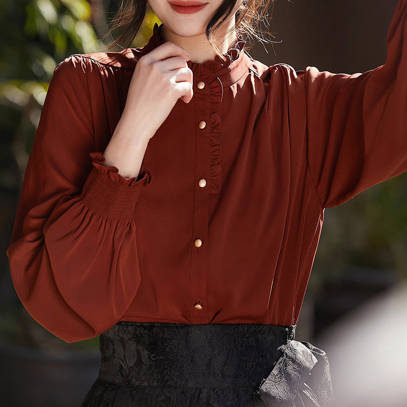 2025 temperament shirt white red, high-end commuter shirt spring new women's long-sleeved top
