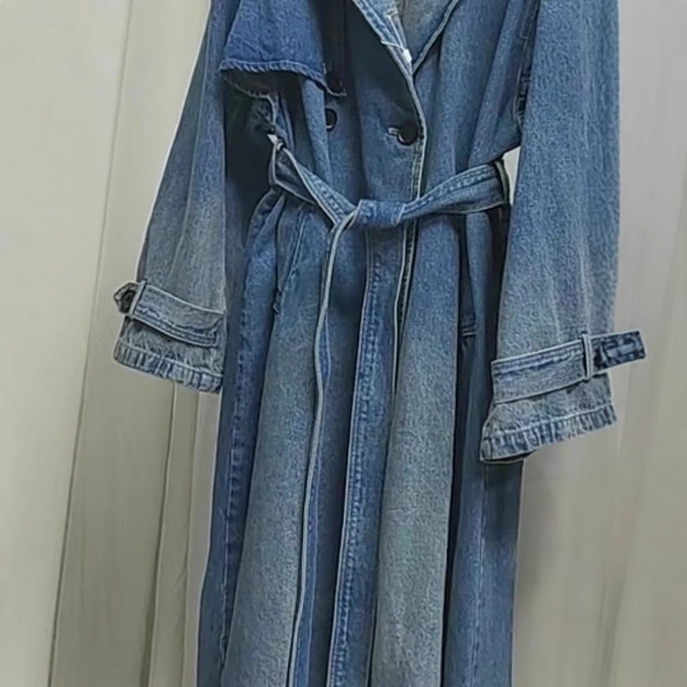 2025 Popularan wash blue denim long trench coat women's autumn temperament advanced sense retro casual double-breasted denim coat
