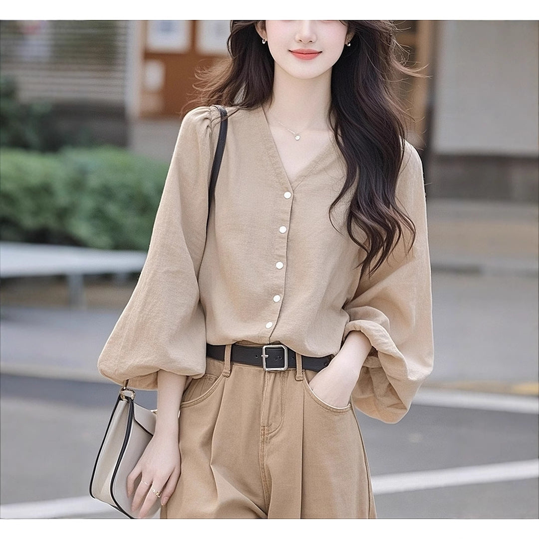White collar lantern sleeve top women's clothing 2025 new early spring Popular style high-end wear chic lining