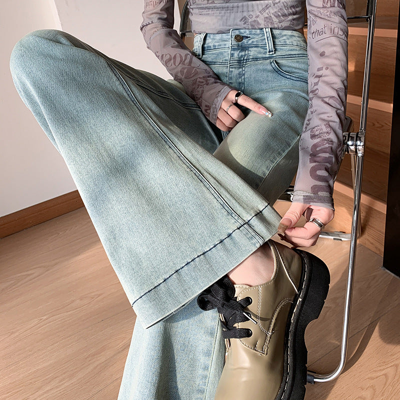 2025 Light blue micro-flared jeans women's spring popular new high-waisted and thin design Spice girl flared pants