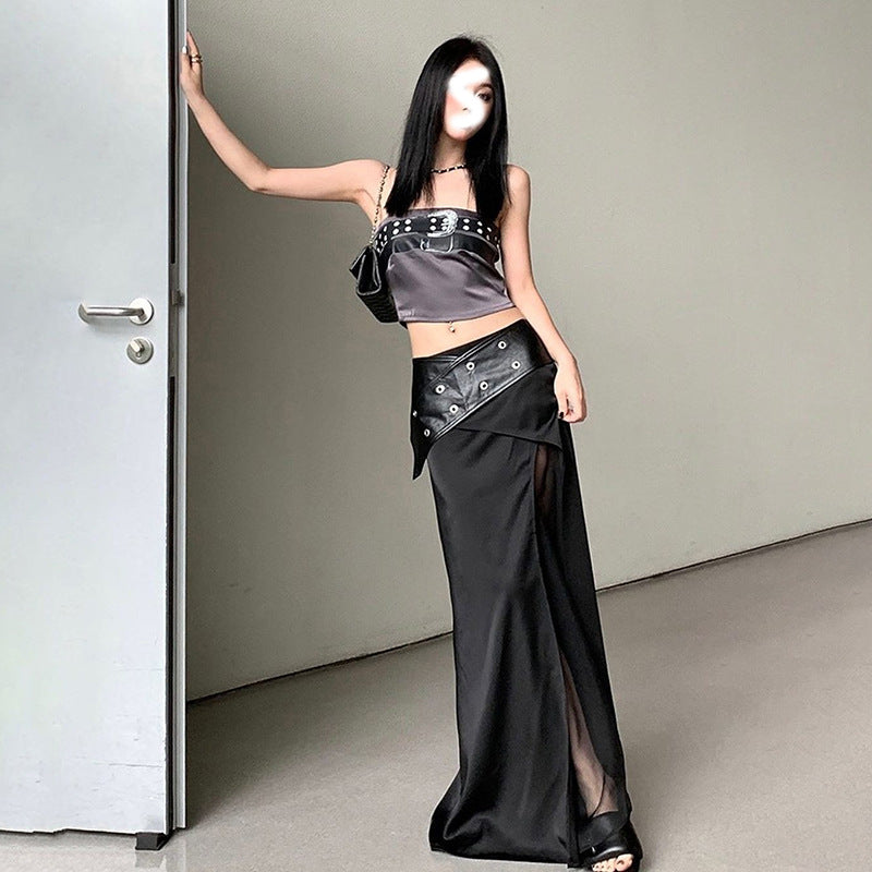 2025 style popular summer new women's clothing leather buckle printing chest wrap small vest belt slit skirt