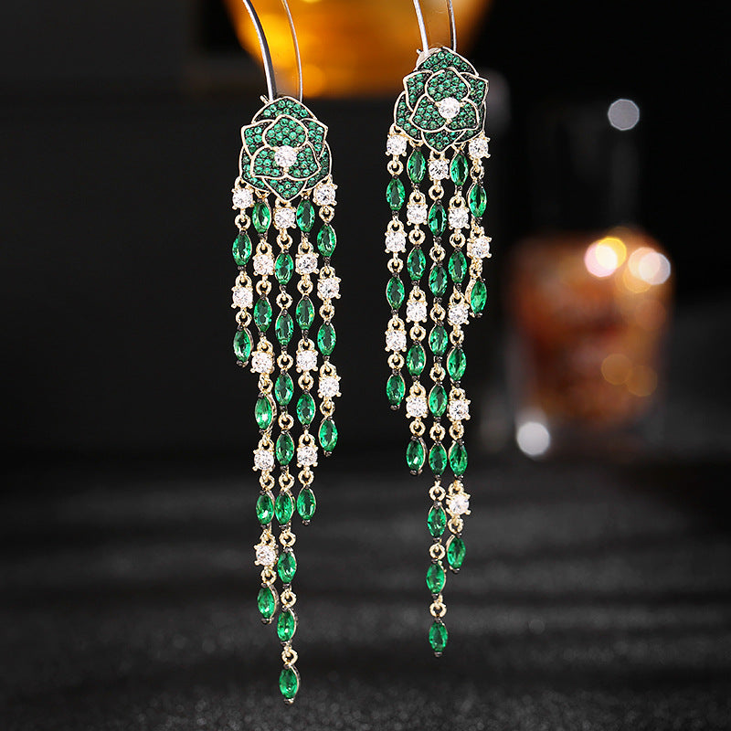 2025 2025 earrings, heavy industry color zirconium flower earrings 925 silver needle long tassel temperament dinner camellia earrings women