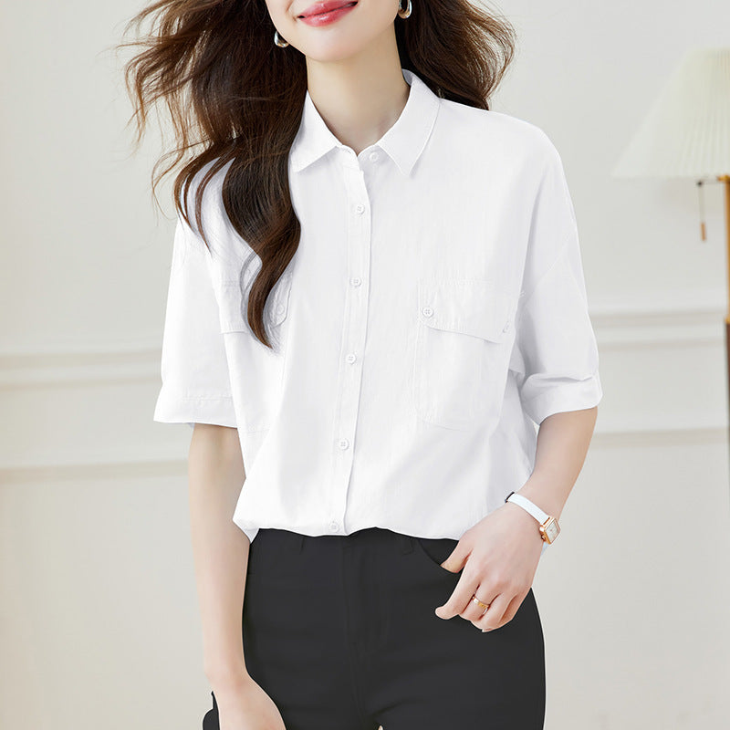 Cotton cocoon, cotton lapel collar double pocket short-sleeved shirt summer new casual versatile shirt