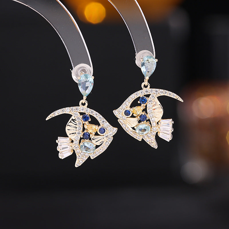 2025 S925 silver needle micro-inlay craft earrings niche design stud earrings sweet temperament cute kiss little goldfish earrings
