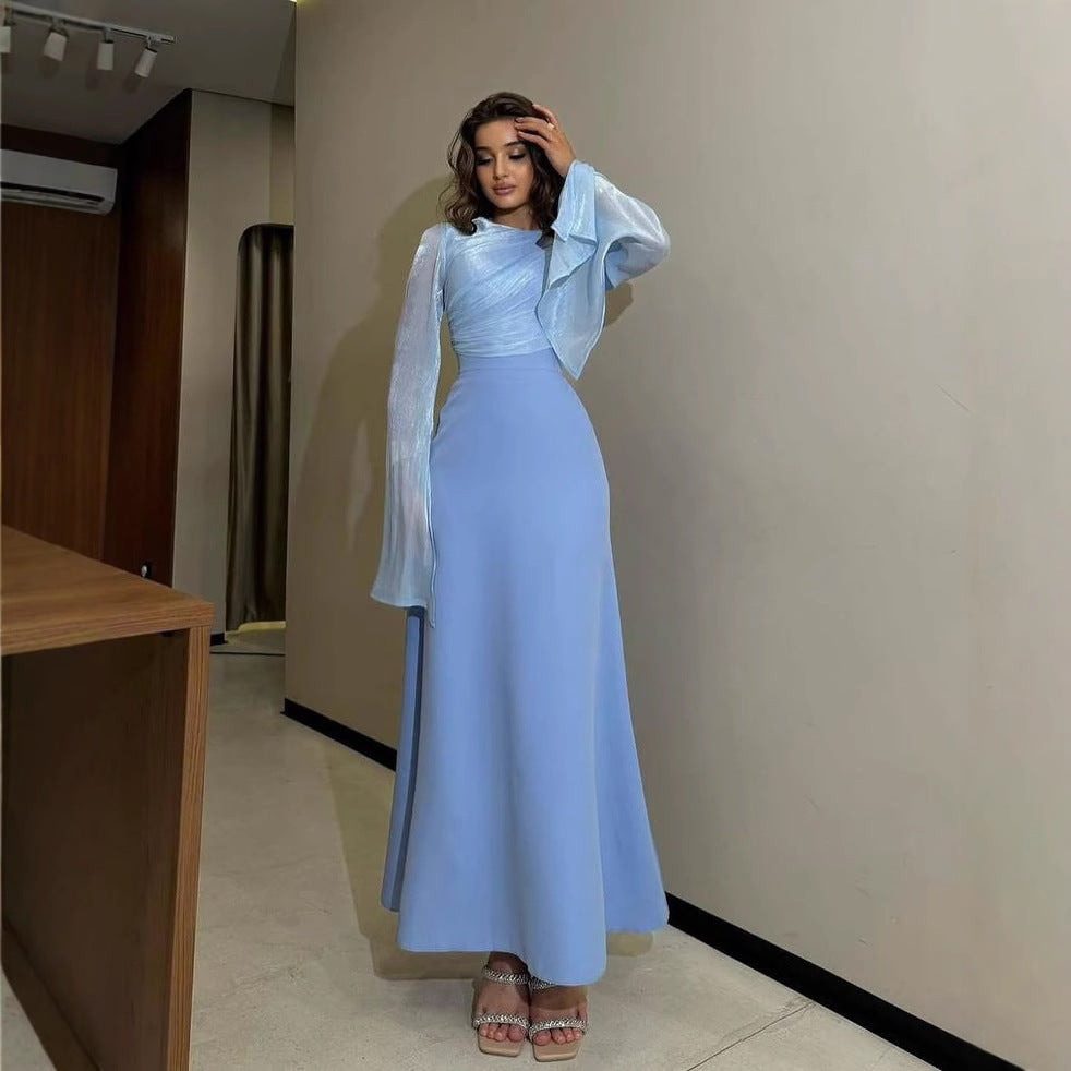 2025 popular autumn and winter New Popular trade women's clothing independent station ebay Middle East hip-wrapped satin bright yarn evening dress