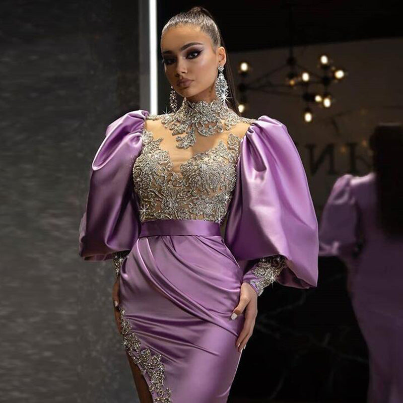 new New dress princess sleeve hip-wrapped long dress trailing tail sprinkling gold temperament evening dress
