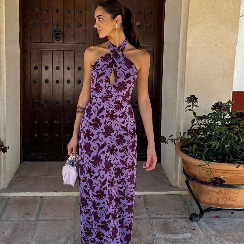 BENPAOLV 2025 popular summer new New women's clothing neck off-the-shoulder printing backless back split-ended dress women